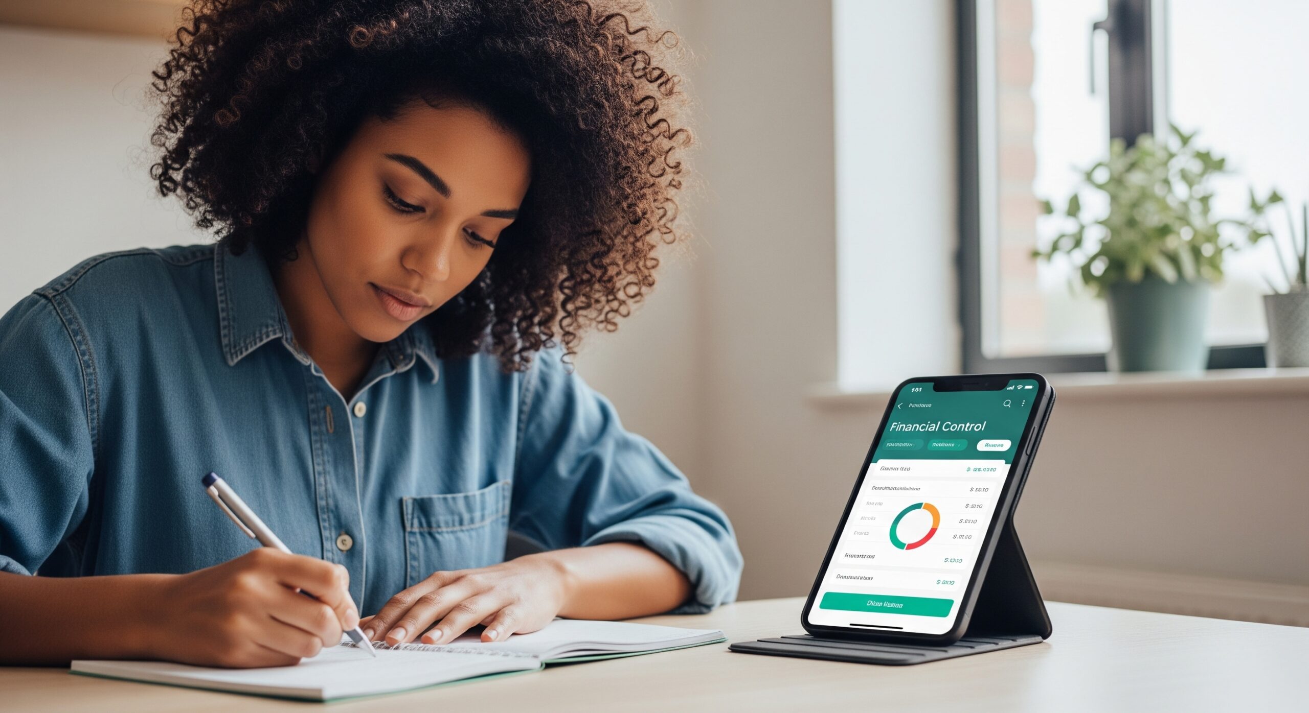 A imagem mostra uma pessoa fazendo contas em um bloco de notas com um smartphone ao lado exibindo um aplicativo de controle financeiro
